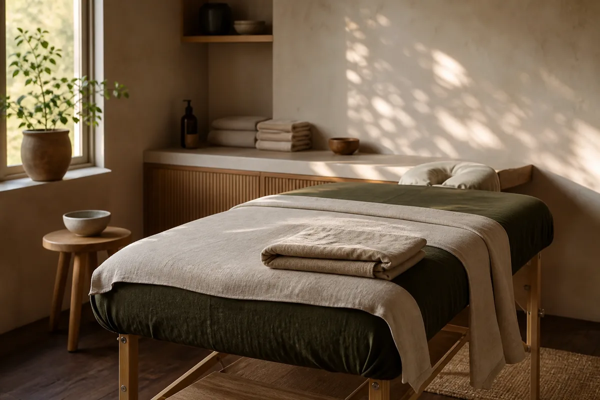 A calm massage treatment room reset between appointments with folded linens and a phone resting face down