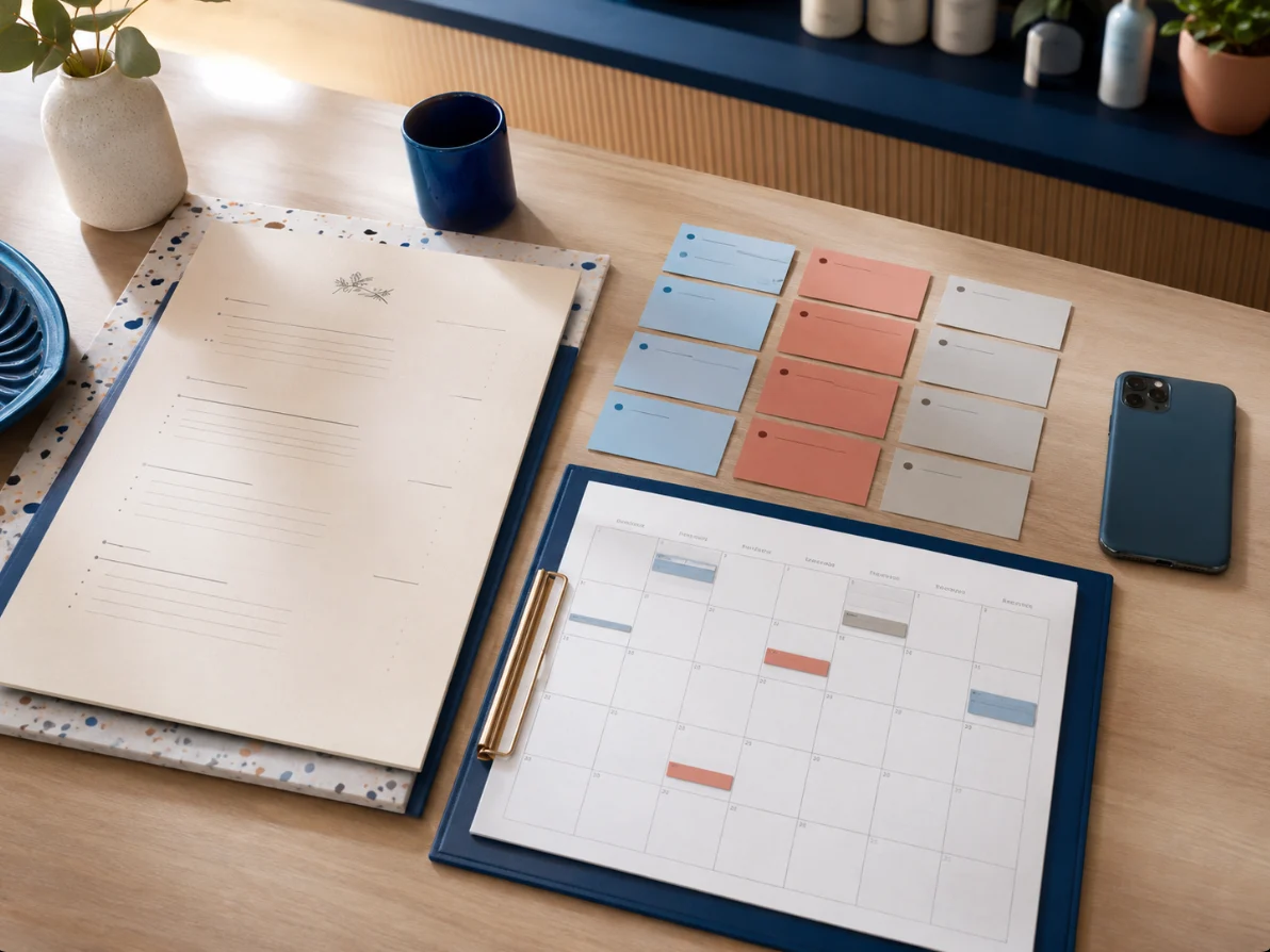 Overhead salon planning desk with service cards, a clean appointment grid, and a phone set aside