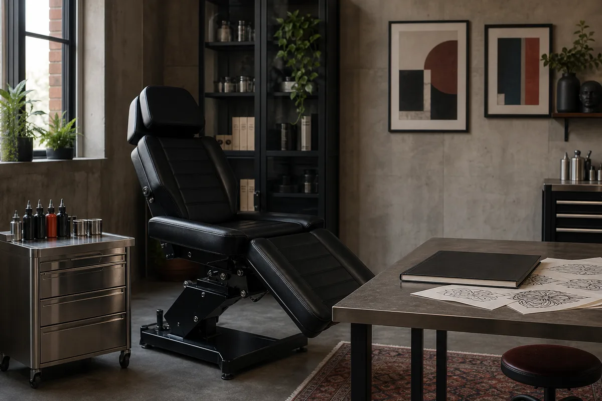 A clean tattoo studio consultation corner with an empty artist chair, sketchbook, and phone set aside